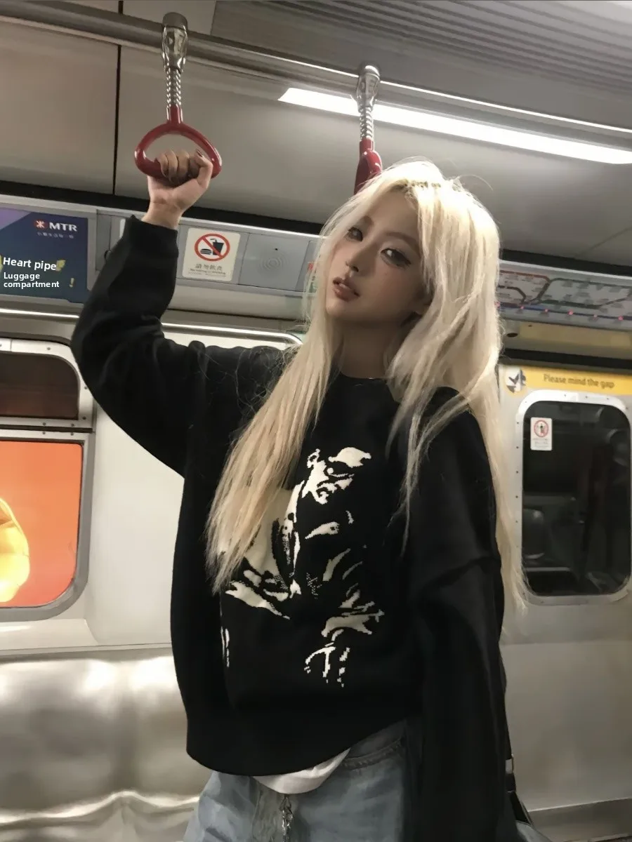 

American Retro Cleanfit round Ne Knitted Sweater with Embroidered Portrait ex Winter Street Subculture Faion Wear