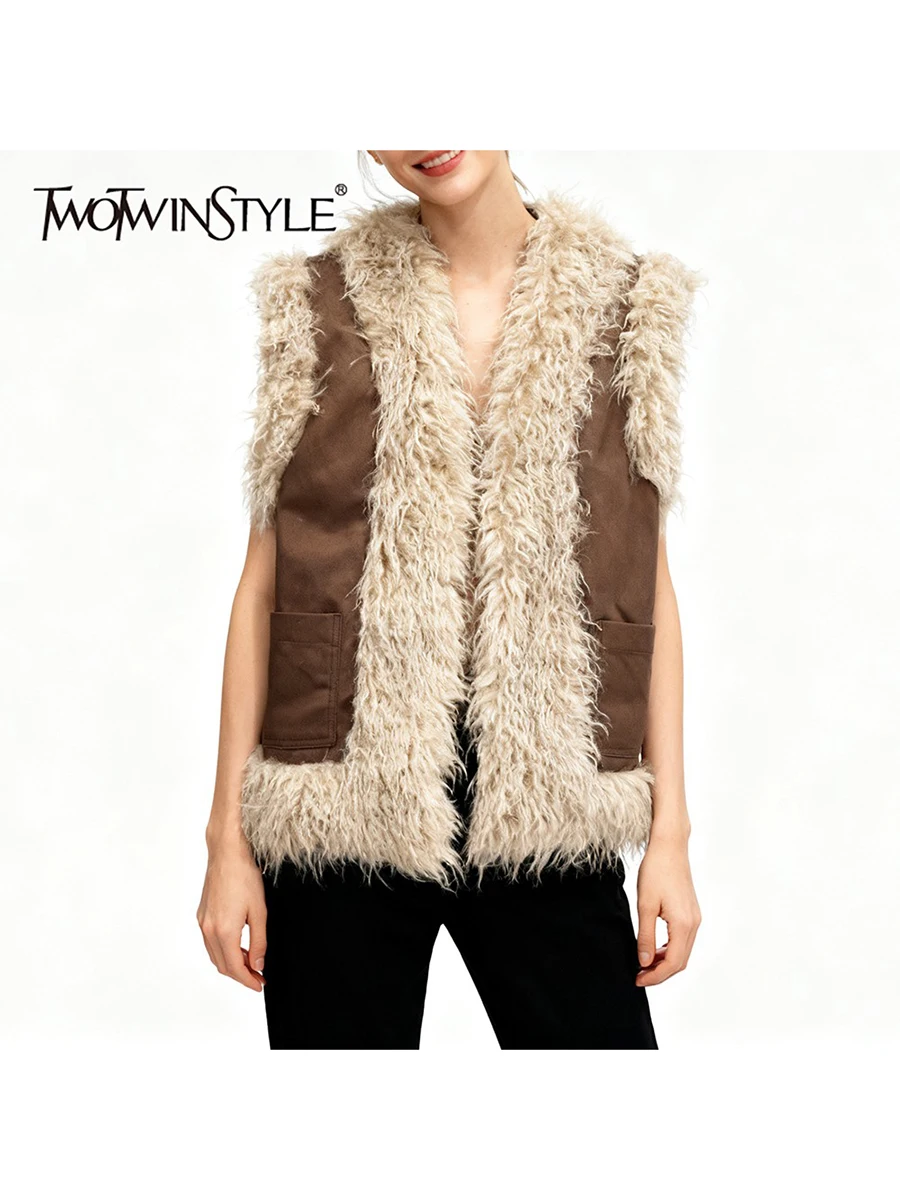 

TWOTWINSTYLE Hit Color Loose Spliced Fur Vintage Vests for Women V Neck Sleeveless Patchwork Pockets Vest Female Autumn Clothing