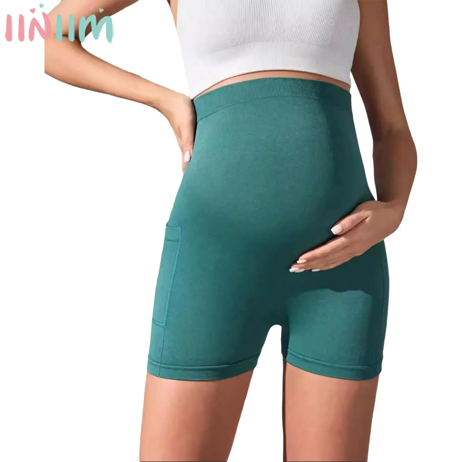 

Women Maternity Yoga Pilates Shorts High Waist Over The Belly Seamless Pregnancy Shorts with Pockets for Sports Workout Biking