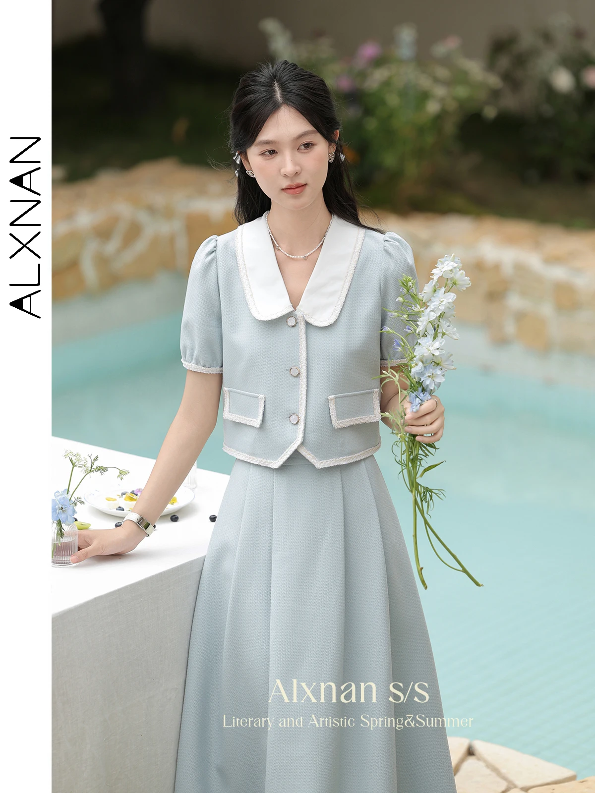 ALXNAN Lapel Button Up Cropped Blouse & Shirt 2024 Summer New Woman Clothing Light Blue Short Sleeve Womens Tops Shirts L35301