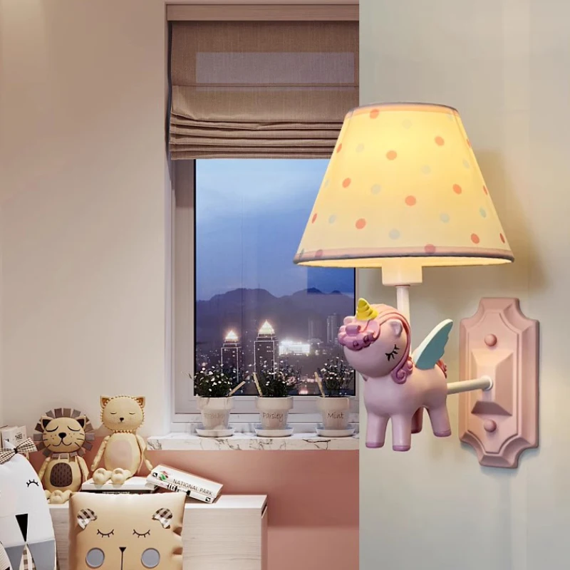 Children\'s Room Wall Lamps Pink Blue Pegasus Unicorn Lamp Creative Warm Baby Room Princess Room Girl Bedroom Bedside Wall Lights