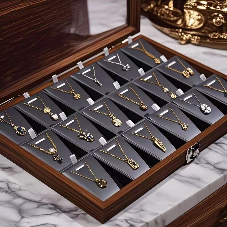 Walnut Wooden Jewelry Box Necklace Pendant Storage Organizer 18K Gold Fine Chain Display Case Korean Style Handmade Wood