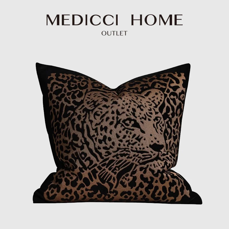 Medicci Home Eye-Catching Panthera Panther Leopard Cushion Cover Luxurious Bronze Colour Embroidered Pillow Case For Villa Hotel