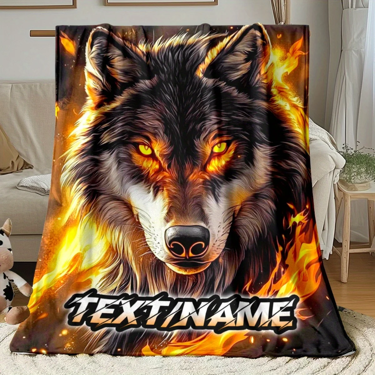 Custom Wolf Blanket Flaming Wolf Head Fire Eyes Dark Design Personalized Name Fleece Throw All Season Soft Warm Bedding