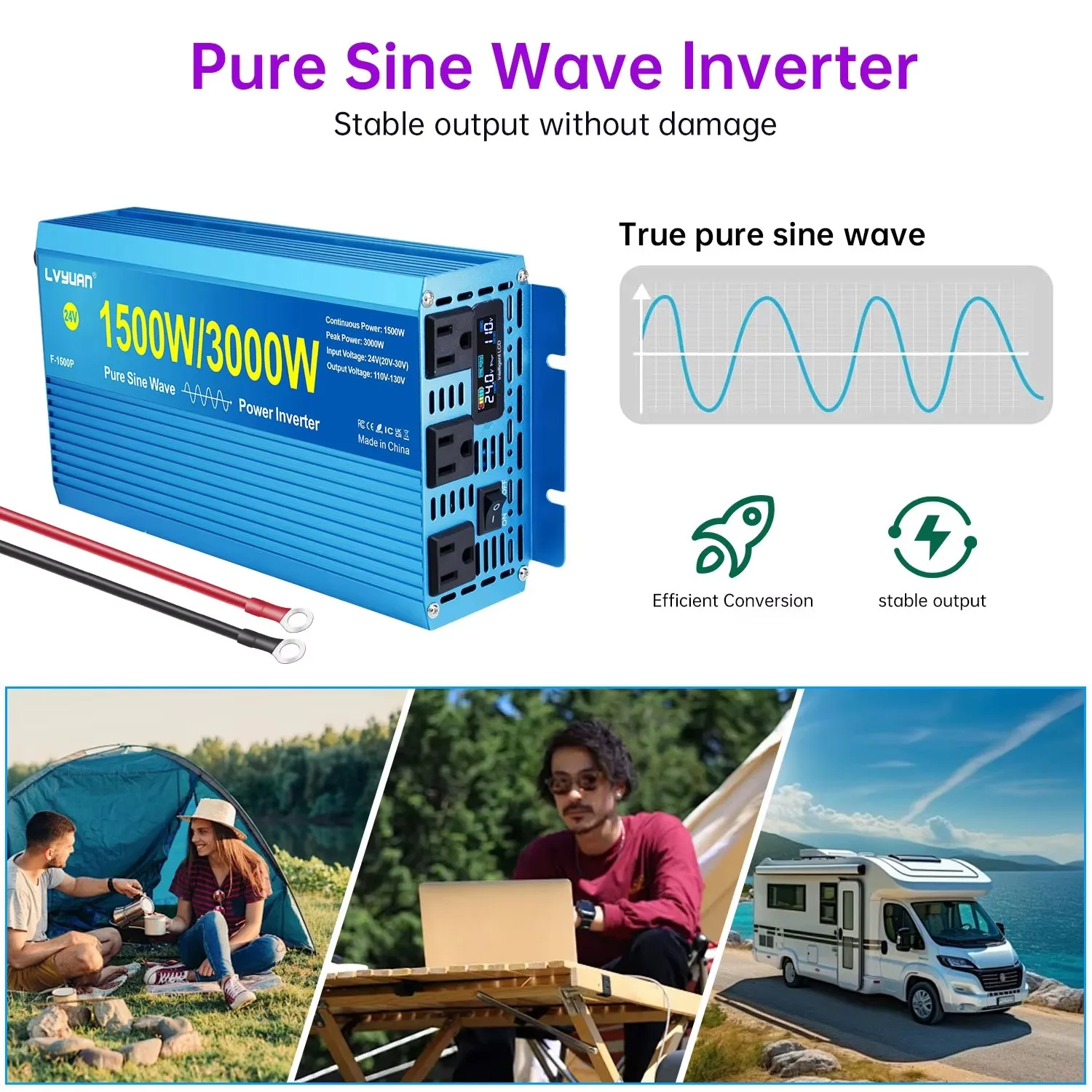 DC12V/24V Inverter Pure Sine Wave AC110V-130V US Socket Smart LCD Power Inversor For Car/Truck Outdoor Charge Adapter