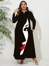 Plus Size 2023 jesienno-zimowa sukienka damska długa czarna luźna elegancka sukienka imprezowa z nadrukiem twarzy Vintage sukienka plażowa dla kobiet