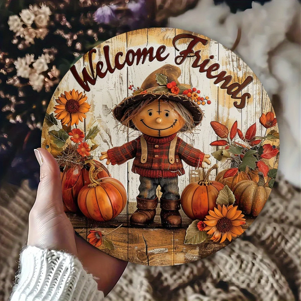 CIFBUY Rustic Farmhouse Harvest Scarecrow Pumpkin Round Aluminum Wall Art, Waterproof Durable Metal Sign for Kitchen Garden