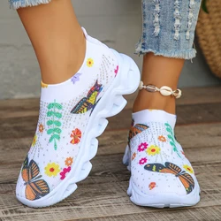 Butterfly Printed sock sneakers women fashion crystal slip on walking shoes woman comfortable non slip white sneakers plus size