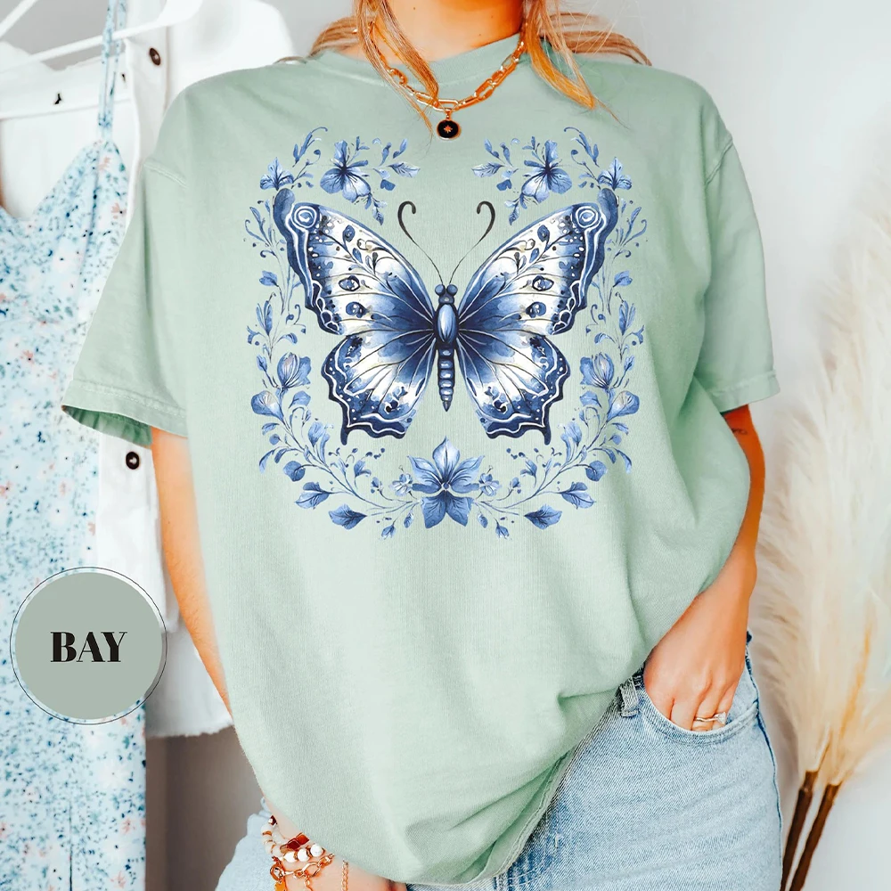 Bohemian Blue Butterfly T-shirt Women’s Graphic Tee Floral Butterfly Top Vintage Aesthetic Butterflies Top Cozy Summer Boho Tee