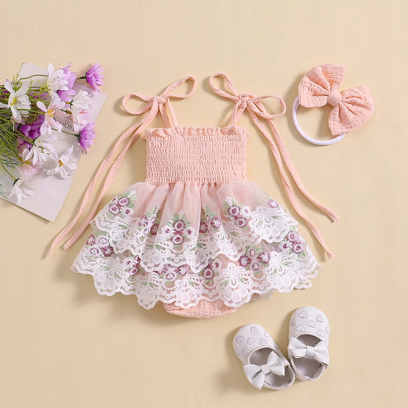 Baby Girl Summer Clothes Infant Tie-up Embroidery Flower Romper Dress with Bowknot Hairband Newborn Outfits