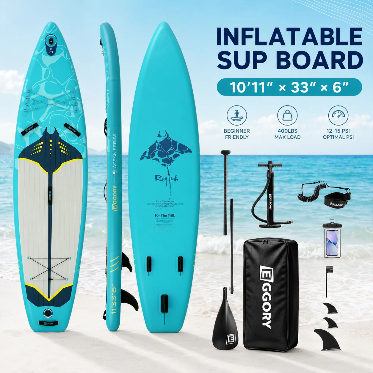 Planche de paddle gonflable EGGORY 335x81x15cm, planche de SUP en PVC monocouche effet bois, planche de surf pour adultes, jeunes et débutants, avec pagaie réglable, 3 ailerons, leash de sécurité, pompe manuelle, sac étanche, sac à dos, kit sport aquatique polyvalent, stable, durable, portable.