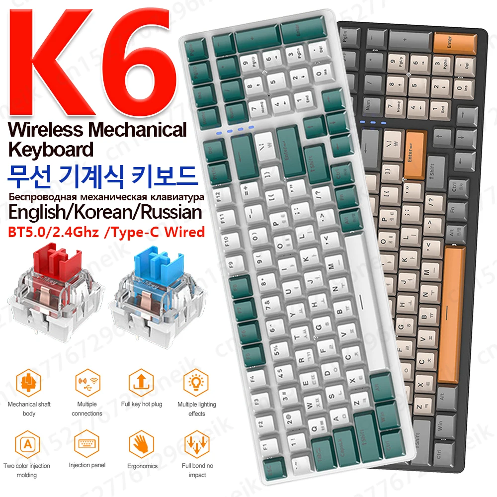 K6 Wireless Mechanical Keyboard 100 Keys Gamer Keyboard BT/2.4Ghz /Type-C Wired Multiple Light Effects English Korean Russian