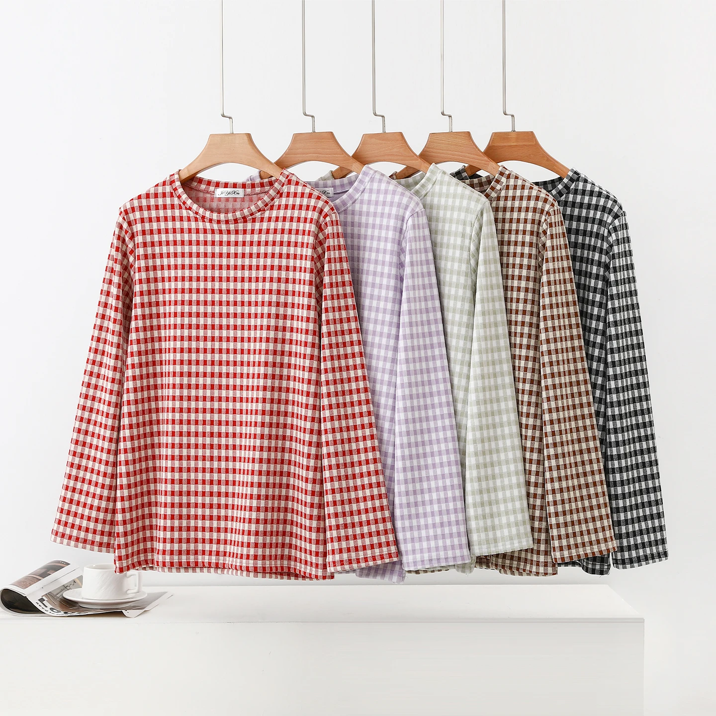 Thickened Fleece Long Sleeve round Neck T-Shirt Women's Autumn Winter Large Size Inner Wear Base Shirt Checkered Upper Apparel