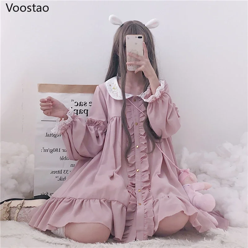 Summer Cute Lolita Dress Women Harajuku Pink Ladies Ruffles Lace Kawaii Party Mini Dresses Lolita Cosplay Sweet Loose Vestidos