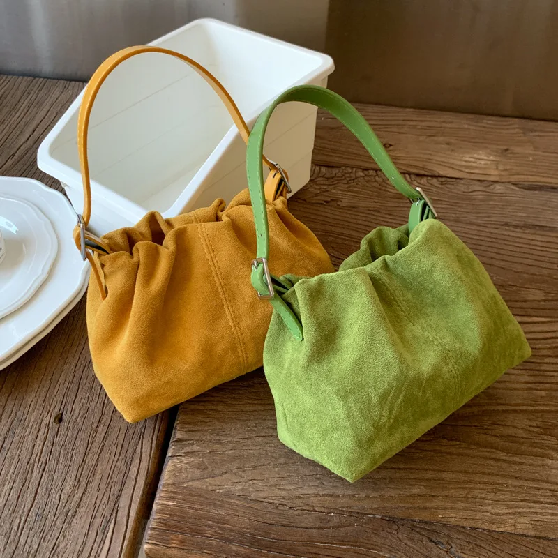 

Fashion Suede Women's Bag with Ruched Detachable Strap Top Handle Tote Bags for Women Soft Mini Bucket Crossbody Handbags Purses