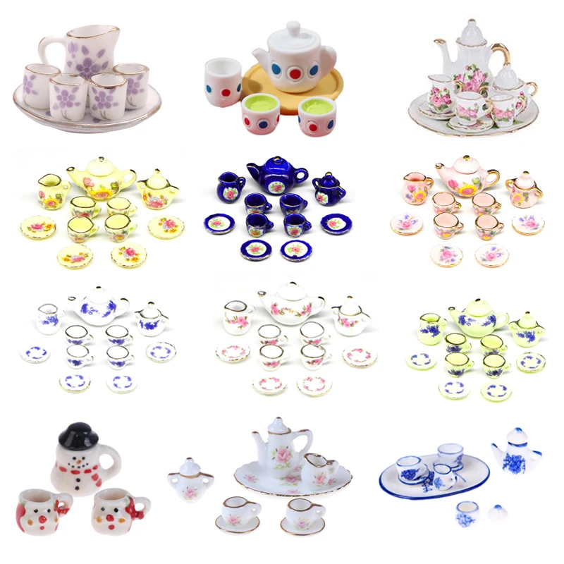 Girls Toys Tea Game Miniature Tea Set Dollhouse Furniture 1:12 Porcelain Cups Flower Tableware Kitchen Decorative Teapots