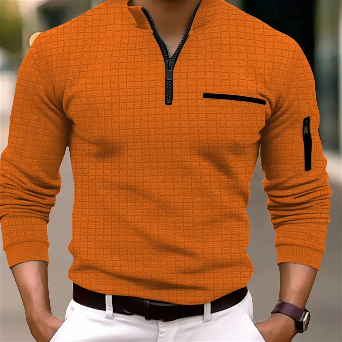 Men\'s Spring and Autumn Outdoor Street Casual Long Sleeve Fake Pocket Arm zipper Design Checkerboard Checkered POLO shirt