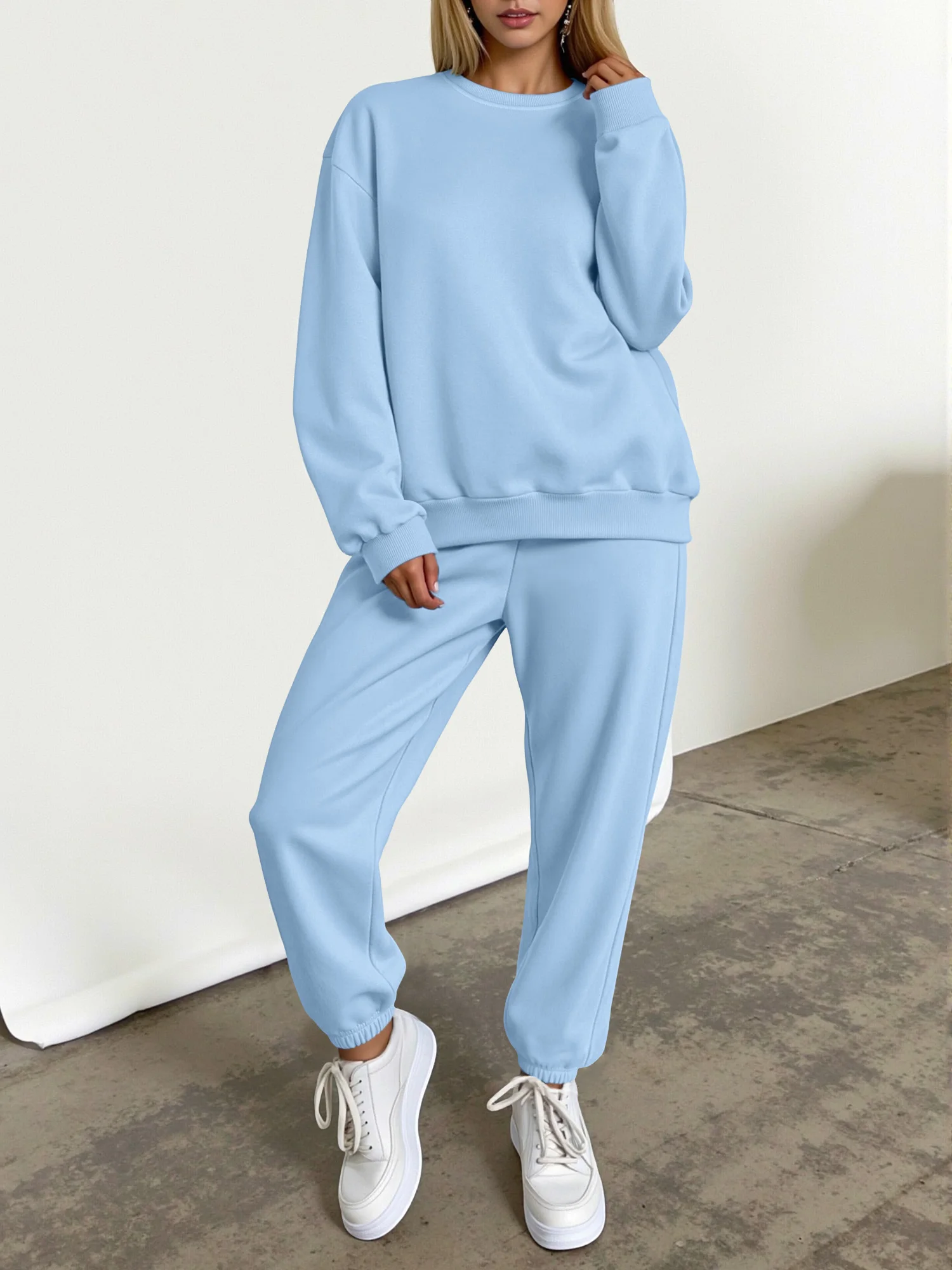 

Fashion Women Solid Sweatsuit, Stylish Crew Neck Top And Wide Leg Pants, Casual Daily Outfit
