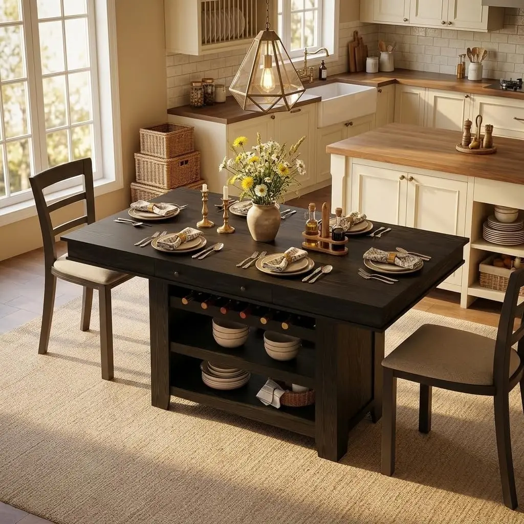 Wood Dining Table Counter Height Kitchen Table with Storage, Customized