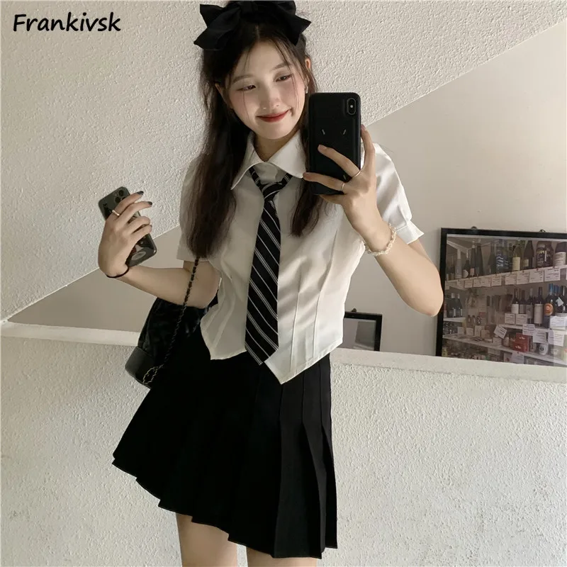 Preppy Style Shirts Women Summer Puff Sleeve Hotsweet Streetwear Harajuku Japanese  Solid Single Breasted All-match Simple