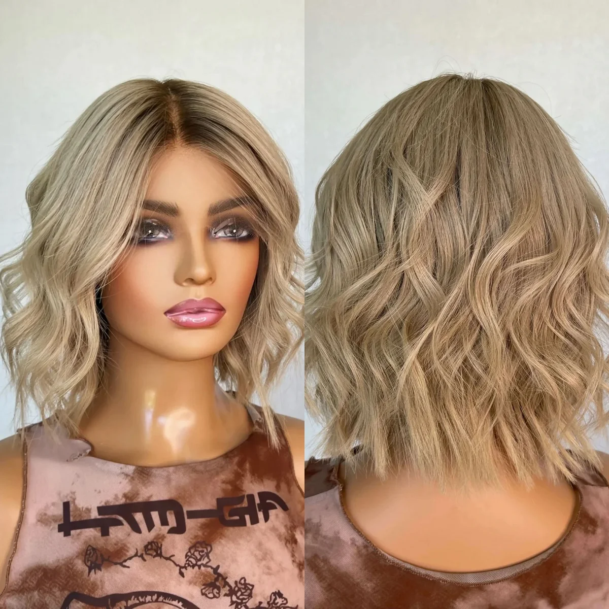 14Inches Pre Plucked Natural Hairline Full Wig Costume Woman Ombre Honey Blonde Shoulder  Body Wave Synthetic Lace Frontal Wigs