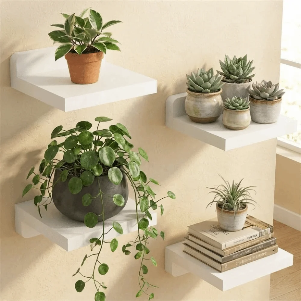 4PCS Wood Small Floating Shelves Simple Decorative Wall Mounted Shelves Rustic Plant Display Rack Flower Racks Garden Decor