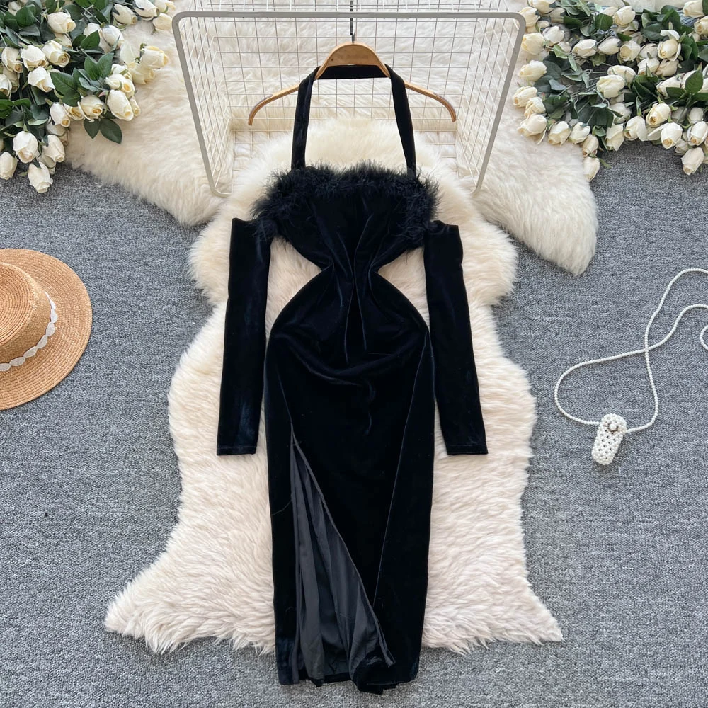 

Элегантное повседневное платье с открытыми плечами и длинными рукавами в стиле ретро, женская одежда, церемониальные платья