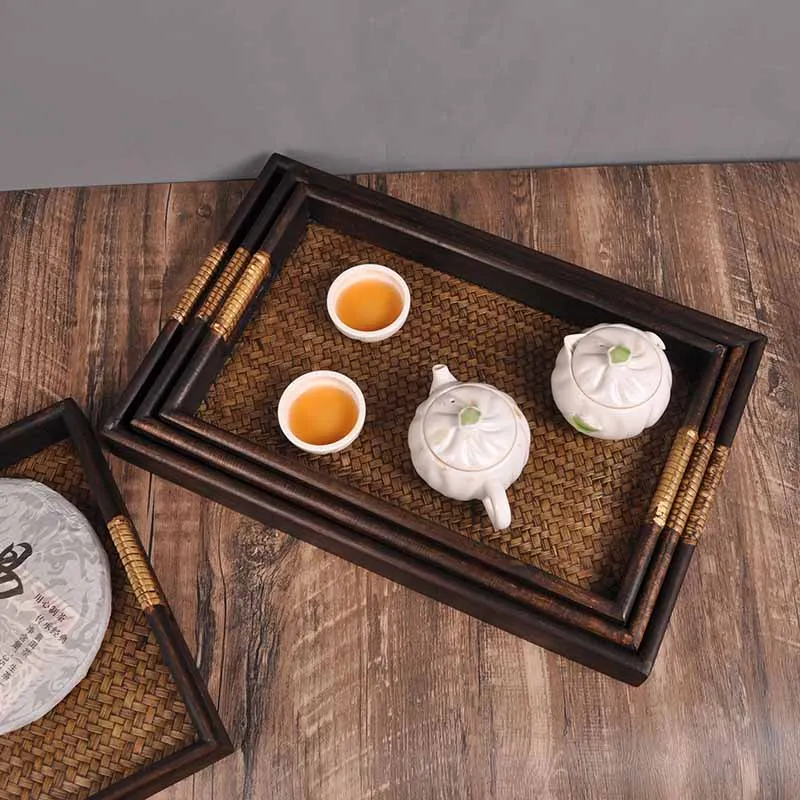 Solid wood bamboo braided tray long fruit plate Living room Japanese tea set tea plate hotel club Thai style dinner plate