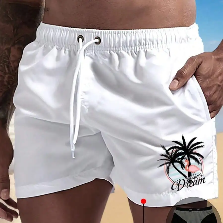 

Mens Flamingo Print Swim Trunks With Drawstring Waist Quick Dry Beach Shorts