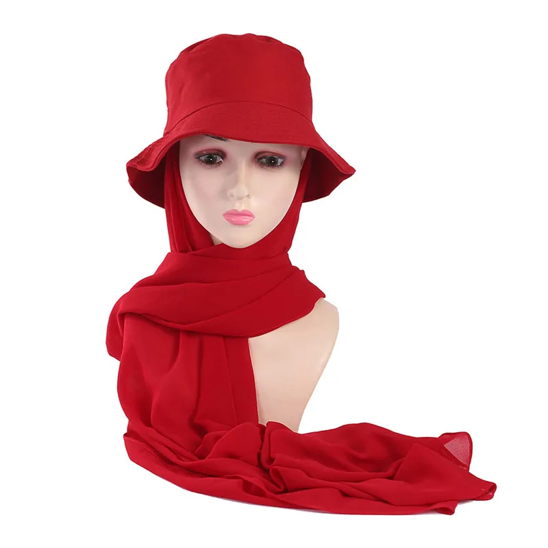 New Muslim Women Bucket Hat With Chiffon Hijabs Summer Sports Cap With Chiffon Hijab Ready To Wear Instant Hijab Islam Headscarf