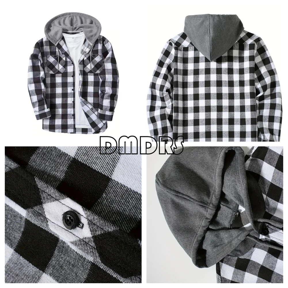 DMDRS - Men's Plaid Hoodie Shirt Jacket Long Sleeve Casual Flannel Button Shirts Autumn Plus Size Big Man Jacket Hot Dealing
