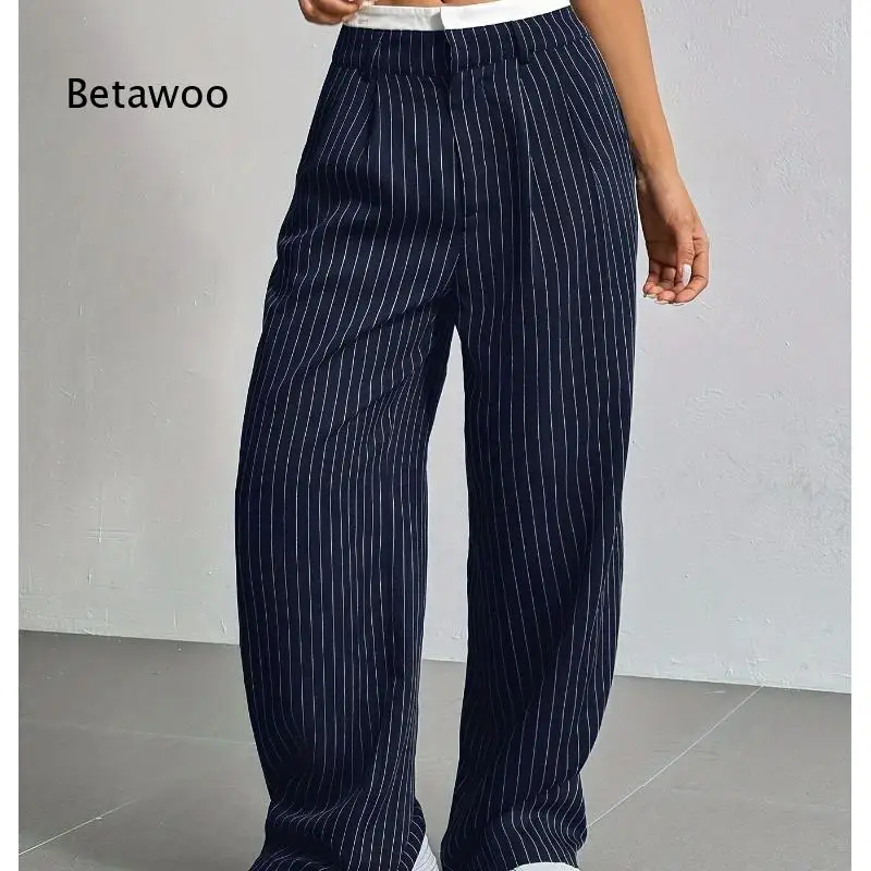 Two-Tone Midwaist Vertical Stripe Wide Leg Pants Front Pressed Pleats Material Ideal for Daily Campus Wear