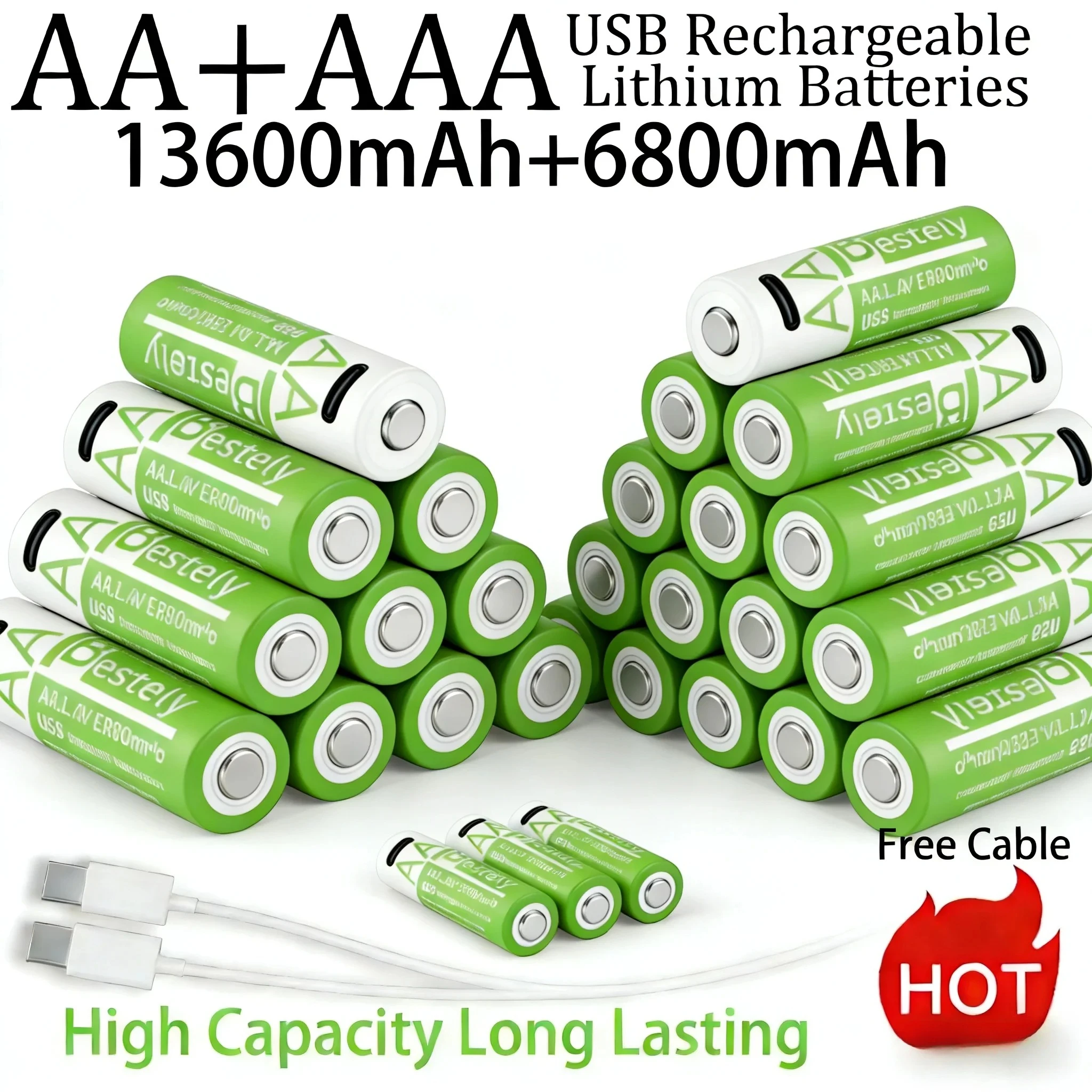 New 1.5V AA 13600mAh & AAA 6800mAh Rechargeable Lithium Batteries 2000 Cycles Fast Charging W/ Free USB-C Cables