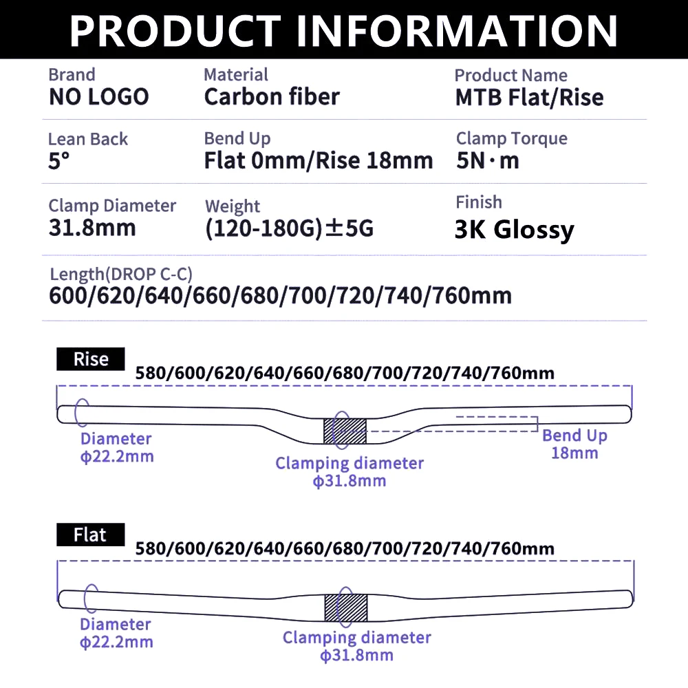 Bike Handlebars Carbon Fiber Bars MTB Bicycle Handlebar Mountain Bike Parts For Stem Diameter 31.8mm Width 580mm-760mm 3K Glossy
