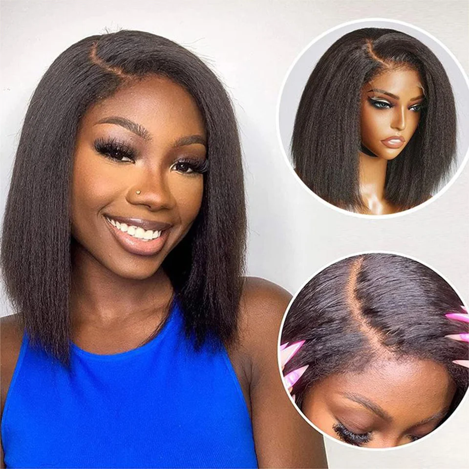 

Yaki Straight Short Bob C Lace Wig Real Human Hair Lace Wig Pre Plucked Natural Hairline Wig Natural Black Color Glueless Wigs