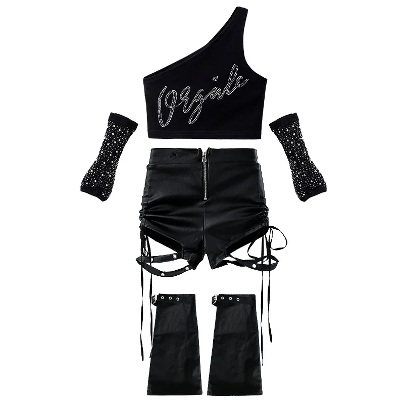 Kid Kpop Hip Hop Kleidung Schwarz One Shoulder Crop Tank Top Side Tie Kunstleder Strap Shorts für Mädchen Tanz Kostüme Kleidung