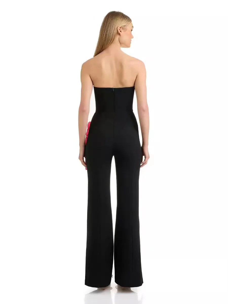 Sexy Black Flower Appliques Bodycon Long Bandage Jumpsuit Pencil Skinny Romper Sleeveless Celebrity Evening Runway Club Jumpsuit