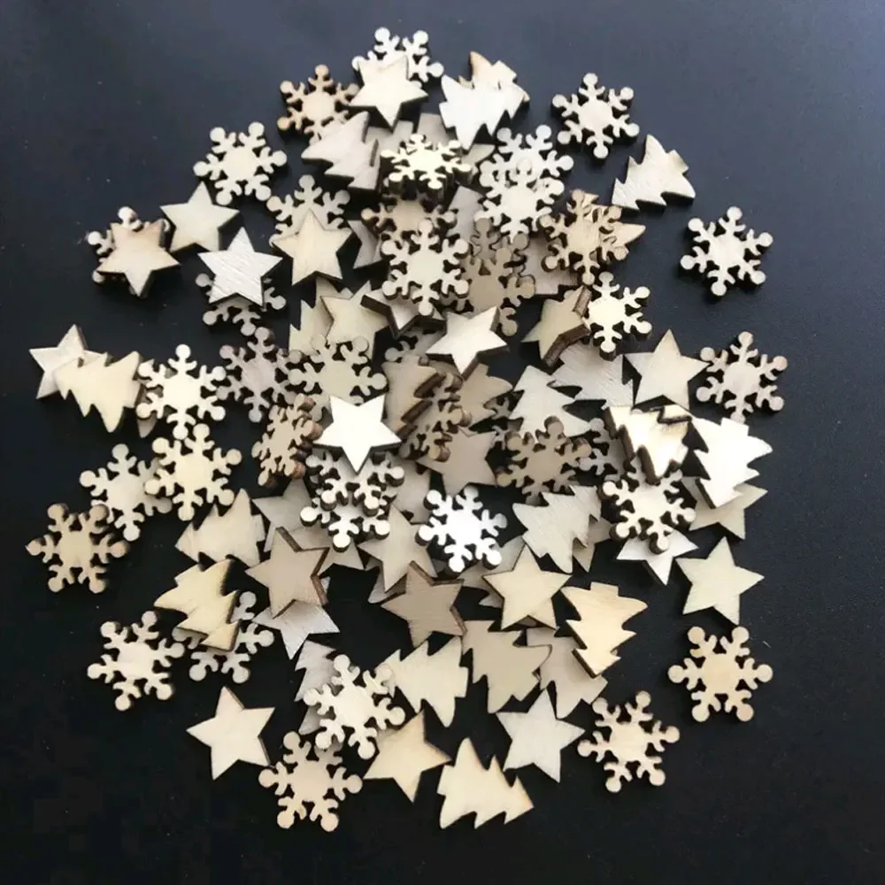 50Pcs Wooden Christmas Tree Snowflakes Stars DIY Christmas Hanging Ornaments Pendant Table Christmas Home Decorations Supplies