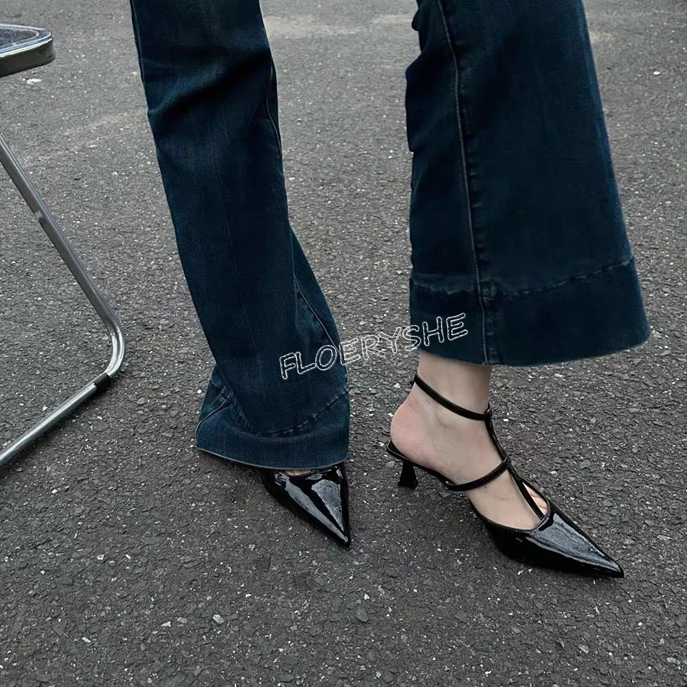 

2024 Black Patent Leather Stiletto Pumps Summer New Arrival Women Ankle Buckle Thin High Heel Pointed Toe Sexy Design Shoes