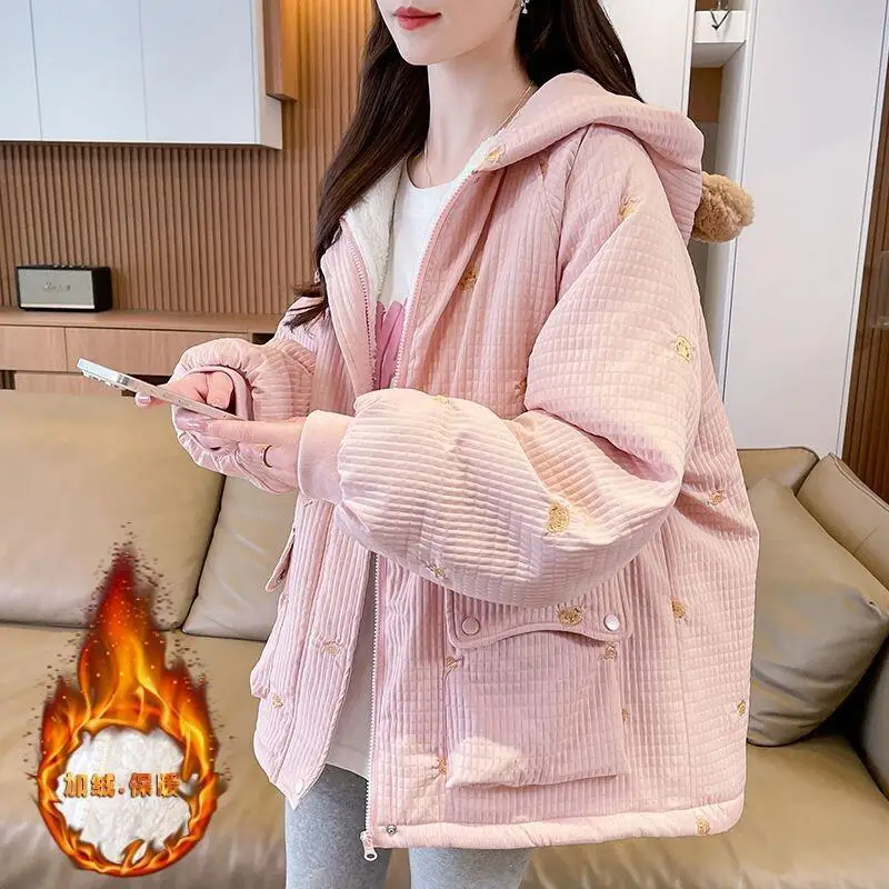 

Women's Winter Coat Bear Embroidery Winter Workwear Lamb Fleece Jacket Cotton Coat Female Student Sweet College Style Plush