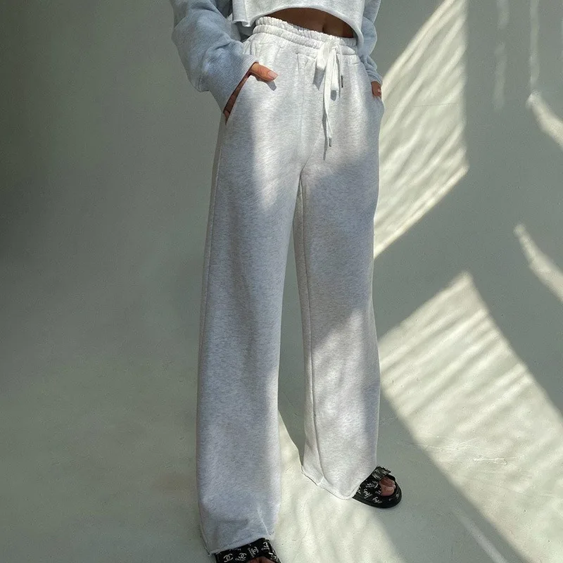 Calça feminina casual folgada com renda, calça de algodão de perna larga, moda feminina de rua, primavera, verão, 2022