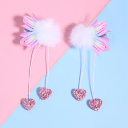 2pcs Gradient Rainbow Hair Clips for Girls Pompom Wings Clips with Tassel Barrettes Cute Hair Accessories for Kids Ideal Gifts