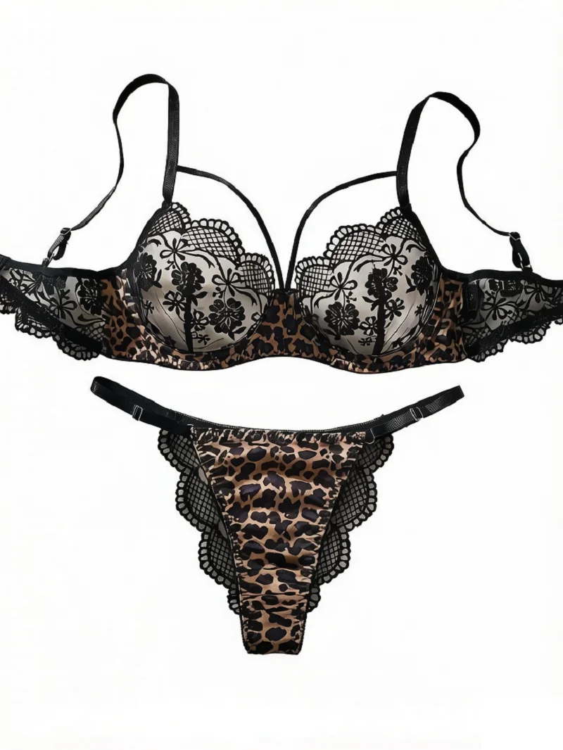 Wild Leopard Patchwork Black Floral Lace Lingerie Set Sheer See Through Mesh Underwire  Two Piece Outfit Romantic Honeymoon