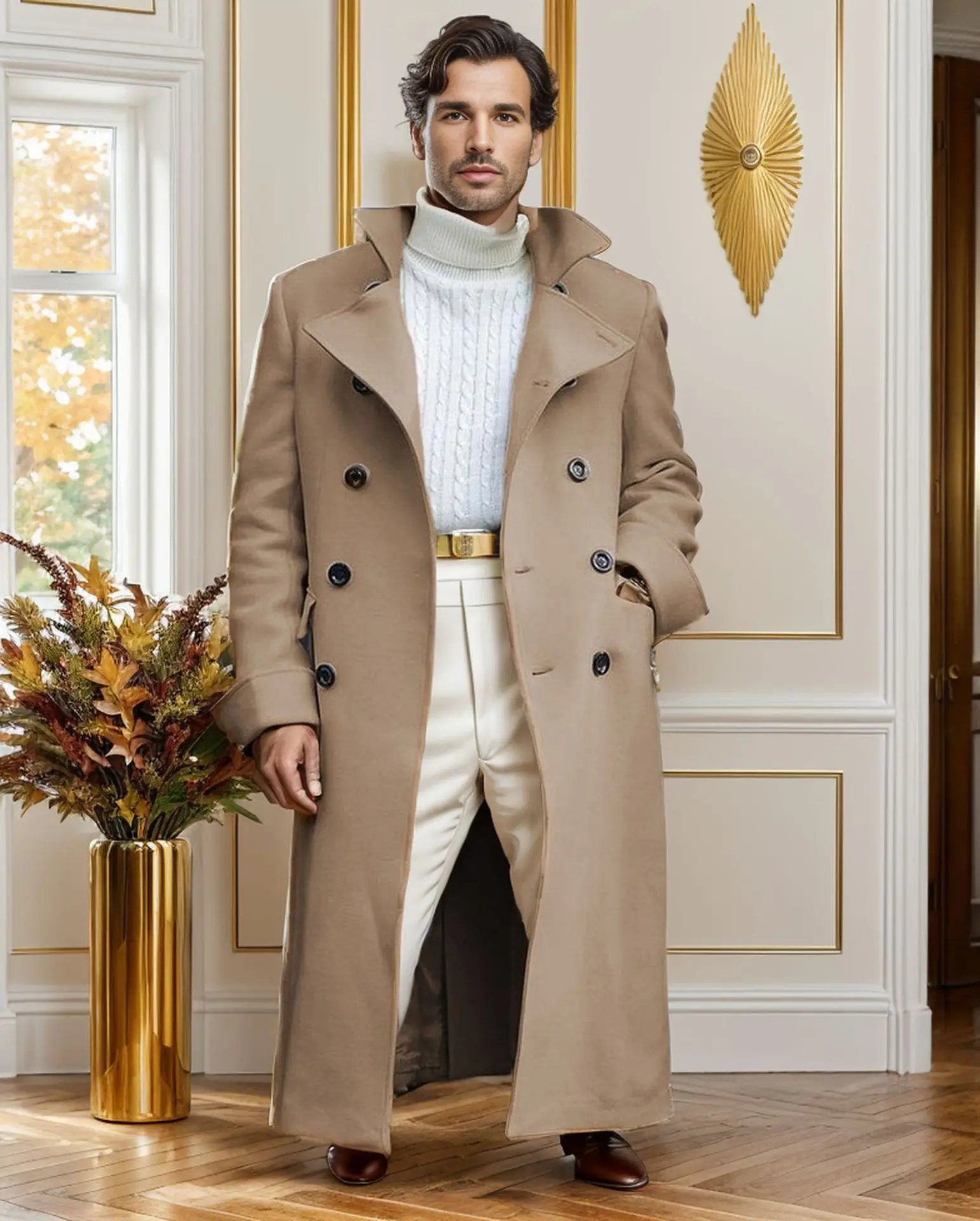 Gabardina larga de lana de doble botonadura para hombre, abrigo informal, chaquetas cálidas de moda, color blanco, azul y gris, estilo inglés, Invierno
