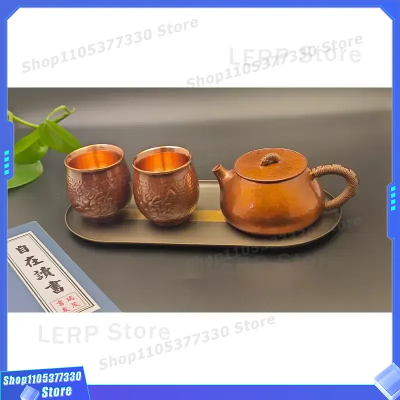 Vintage Handmade Copper Teapot Set with 2 Cups and Tray Simple Chinese Kung Fu Tea Ware Gift for Friends Family Home Decor