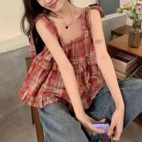 Y2K Summer Crop Top Women Vintage Gyaru Lace Up Plaid Strap Sleeveless Tank Tops Acubi Japan Green Casual Streetwear