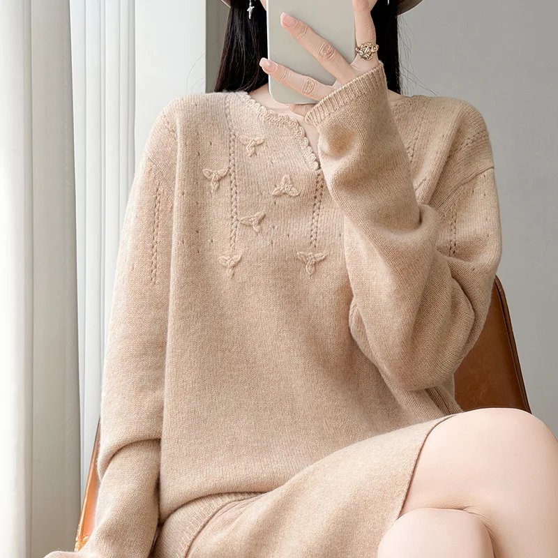 Light wind embroidery 100% pure cashmere knitting suit round neck loose sweater skirt two-piece suit