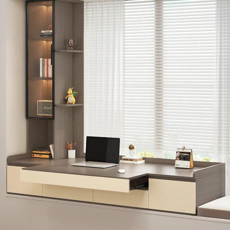 Solid wood bay window desk bookshelf, integrated pull-out storage cabinet
