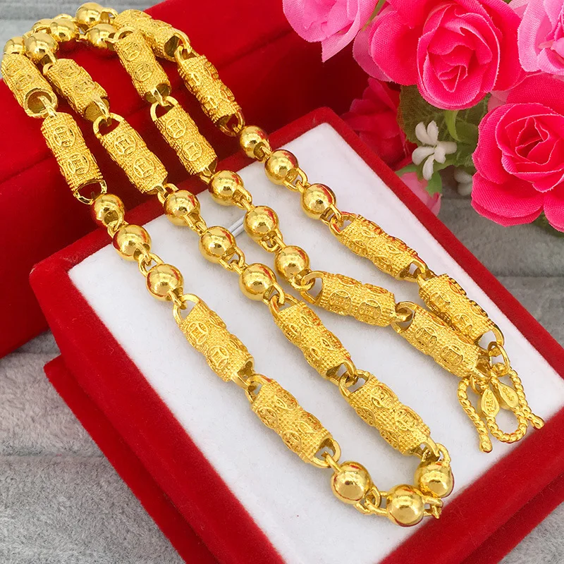 Luxury 24K 9999 Pure Gold real gold Men's necklace fashion cylindrical solid chain
