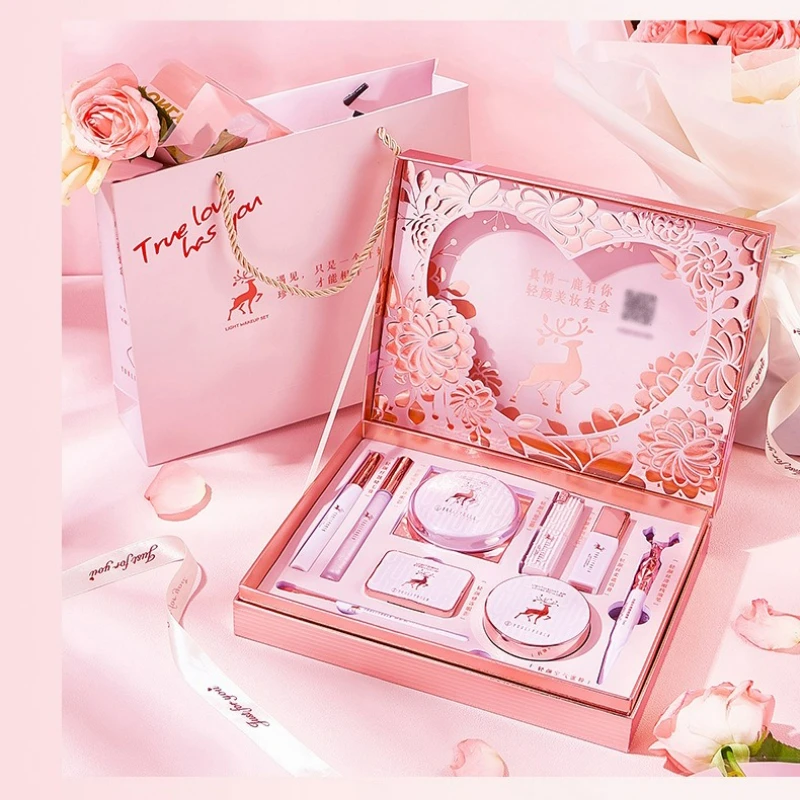 طقم مكياج مكون من 10 قطع، وسادة خافي عيوب احترافية كاملة، كريم BB، أحمر الشفاه، ظلال العيون، هدية عيد ميلاد، صندوق مكياج لمستحضرات التجميل